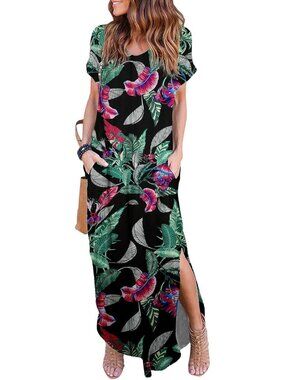 Women's Leaves Summer Maxi Long Dress Casual Loose Short Sleeve Split Pocket